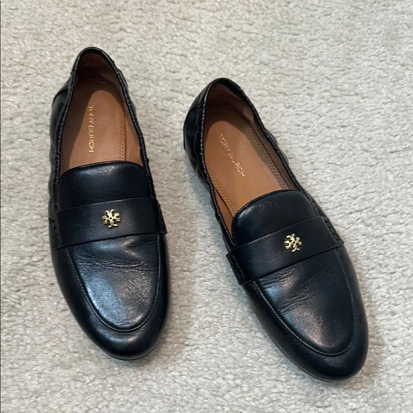Tory Burch Black and Gold Slip-On Loafers Tory Burch Black Leather Lowell Slip On Loafers Size 36.5  main image 4